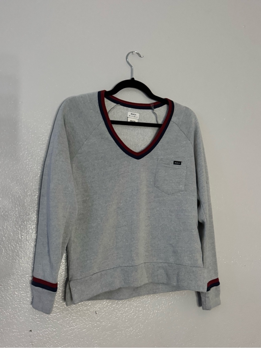 RVCA Women's Light Gray V-Neck Sweater with Red & Navy Trim